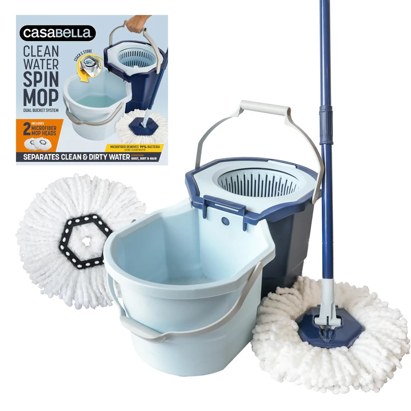 Casabella Clean Water Spin Mop System with Extra Mop Head Refill - Two-Bucket Design, Splash Guard, Built-in Measuring Cup, Scraper Tool, Easy Wring Pedal Spinner