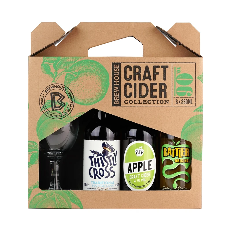 Brewhouse Craft Cider Selection complete with Chalice Glass and 3x330ml Bottles. Premium British Cider Gift Set includes Rattler, Thistly Cross, and Pulp Cider. Perfect for Birthdays and Christmas