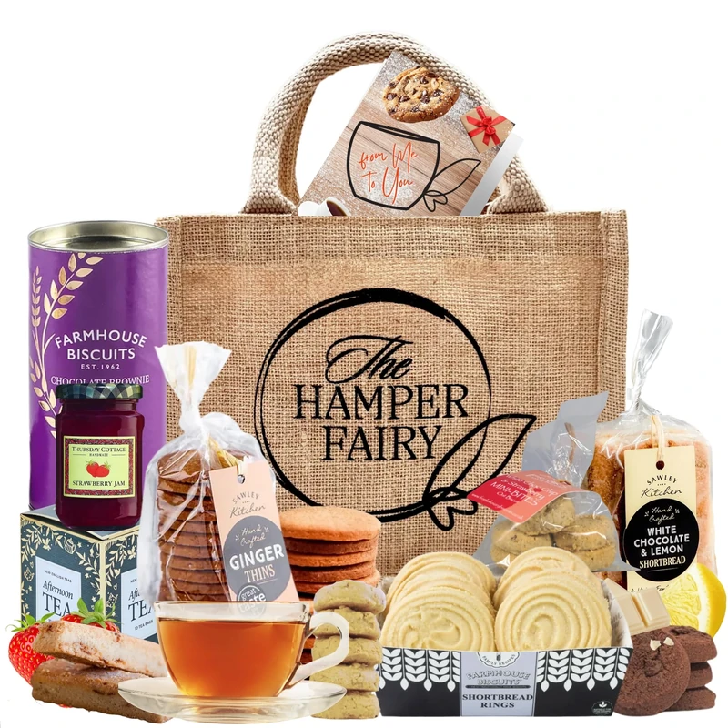 Afternoon Tea Food Hamper Gift with Biscuits, Shortbread, Jam & Tea - For Birthdays, New Home, Anniversaries, Valentines Day, Mothers Day, Easter Gifts or Thank You Gifts by The Hamper Fairy