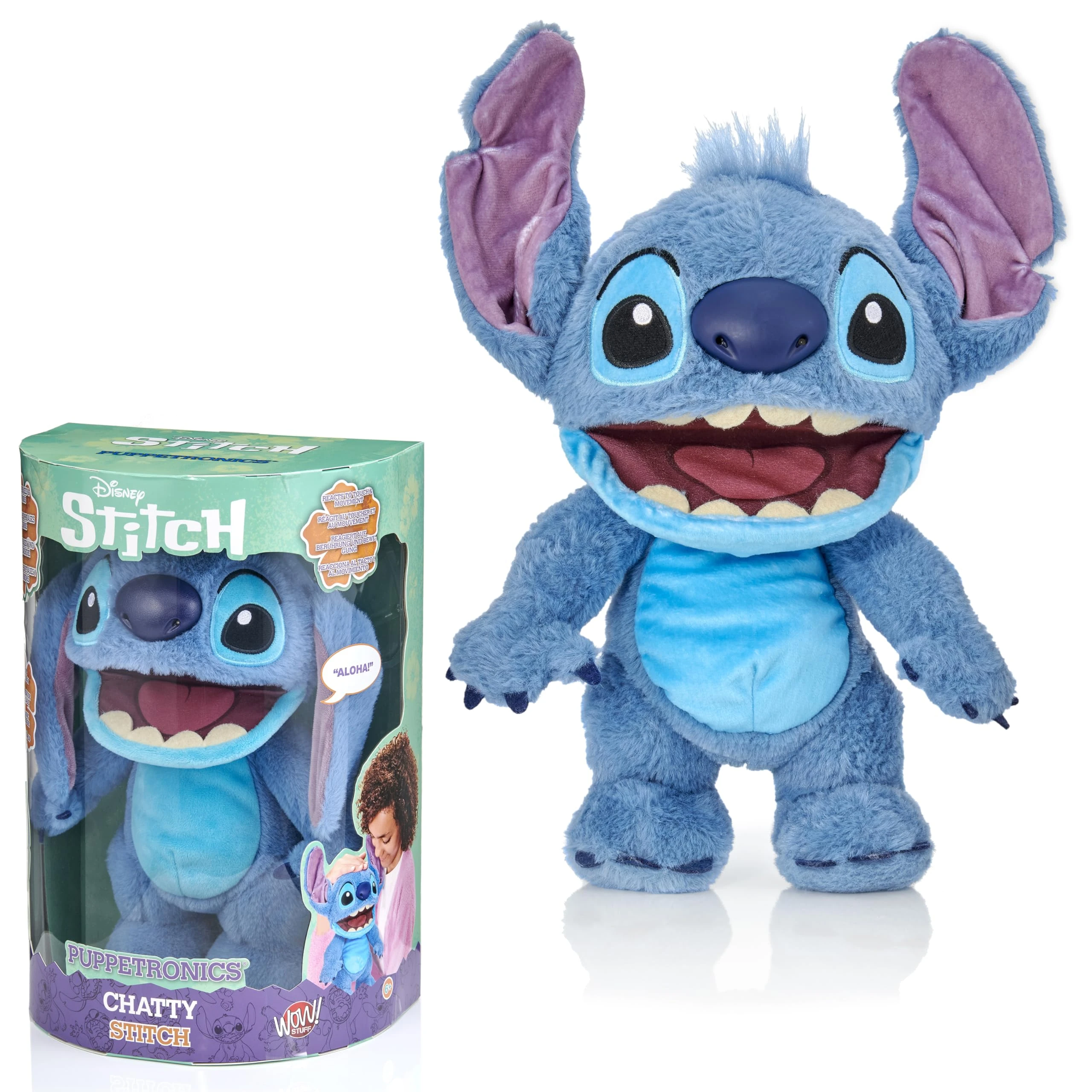 WOW! STUFF Disney Chatty Stitch Deluxe , Puppetronic Stitch , Puppet Animatronic, Over 50 Action and Sound Combinations , 30cm/12inches Height , Ages 6 to Adult, Blue