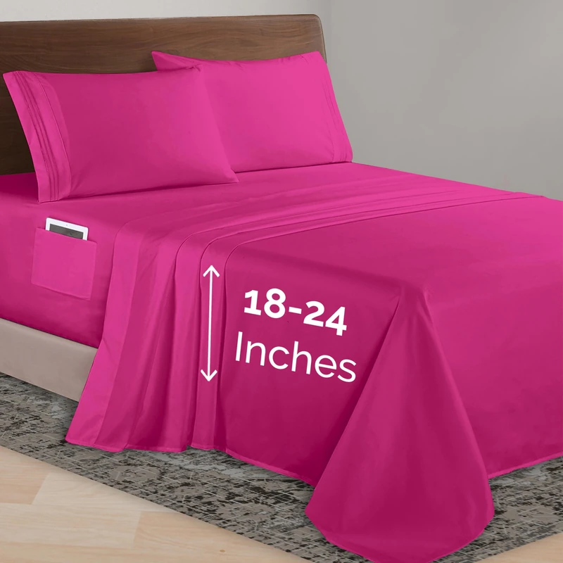 Elegant Comfort Luxurious 1500 Premium Hotel Quality Microfiber 4-Piece Sheet Set, 18-24 Inches Deep - Extra Deep Pocket Sheets - Ultra Soft 4PC Deep Pocket Sheets, Queen, Hot Pink