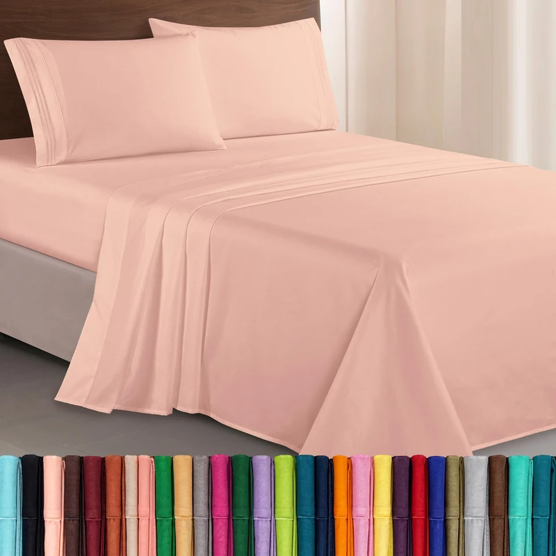 Elegant Comfort Luxurious 1500 Premium Hotel Quality Microfiber Three Line Embroidered Softest 4-Piece Bed Sheet Set, Wrinkle and Fade Resistant, Queen, Blush Pink
