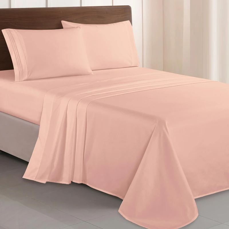 Elegant Comfort Luxurious 1500 Premium Hotel Quality Microfiber Three Line Embroidered Softest 4-Piece Bed Sheet Set, Wrinkle and Fade Resistant, King, Blush Pink