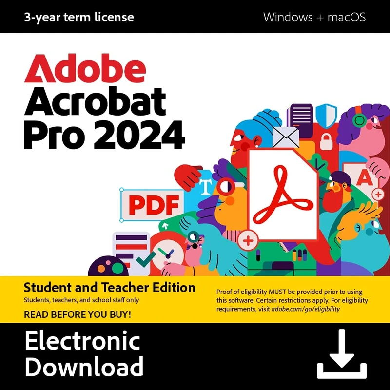Adobe Acrobat Pro 2024 | Student & Teacher |PDF Software | Convert, Edit, E-Sign, Protect |3-year term licence│PC/Mac│Digital Download