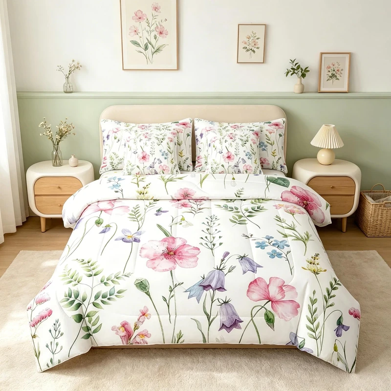 Feelyou Pink Floral Full Size - 7 Pieces Bed in a Bag Set Botanical Comforter Set with Sheets Boys Girls Gift Woman Bedding Sets with Comforter, Flat Sheet, Fitted Sheet, Pillowcases, Pillow Covers