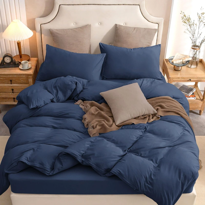 PURE ERA Jersey Knit Duvet Cover Set 100% T-Shirt Cotton Super Soft Comfy 3pc Bedding Set with Zipper Closure (Solid Navy Blue, King, 104'' x 90'')