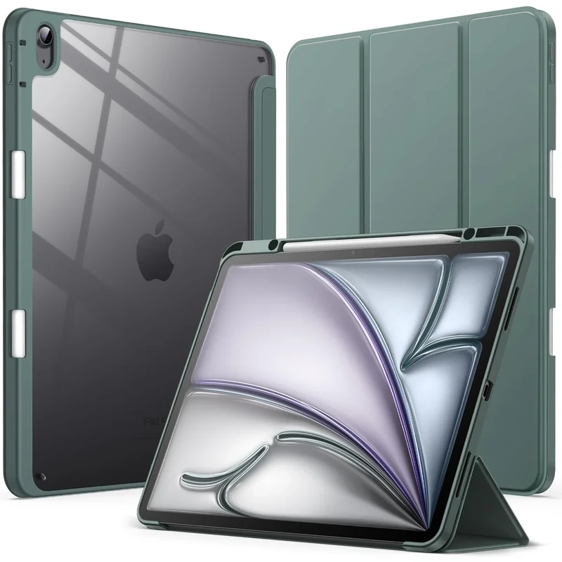 JETech Case for iPad Air 13-Inch M3/M2 (2025/2024) with Pencil Holder, Clear Transparent Back Shell Slim Stand Shockproof Tablet Cover, Auto Wake/Sleep (Midnight Green)
