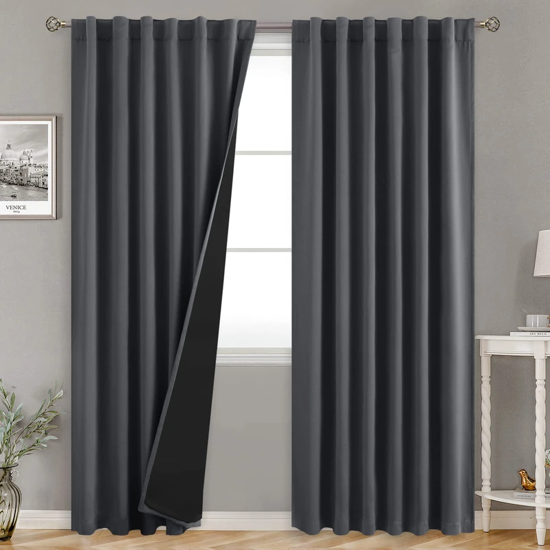 BGment 100% Blackout 80 Inch Curtains with Thermal Insulation Liner, 52 x 80 Inch Rod Pocket and Back Tab Double Layer Room Darkening Window Treatment Curtain for Living Room (2 Panels, Dark Grey)