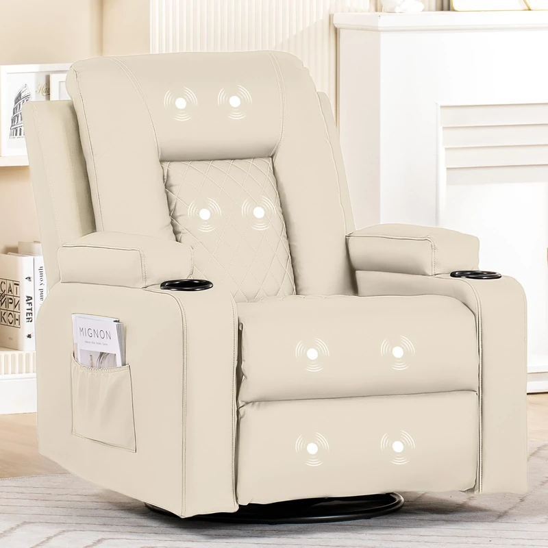 COMHOMA Recliner Armchair Rocker Reclining Chair with Padded Seat, Extended Footrest, Oversized Swivel Lounge Sofa with 2 Cup Holders Living Room Chairs