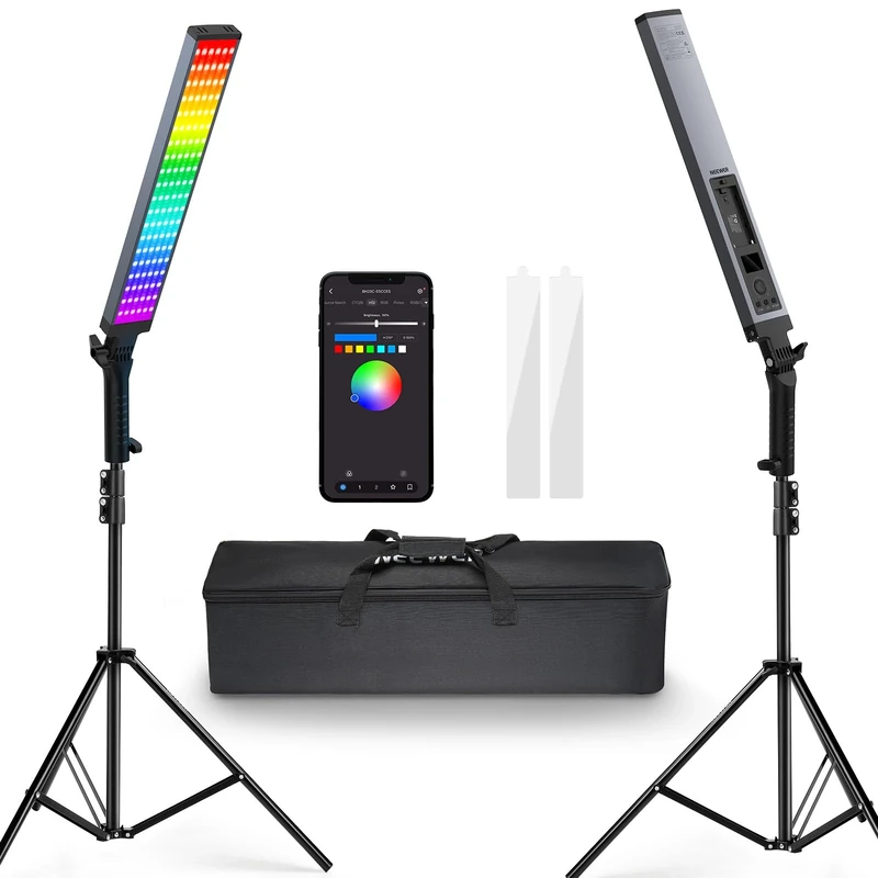 Neewer Photography RGB Light Stick Kit, 2 Pack LED Video Tube Lights w/Stands, Diffusers, 3250Lux Dimmable Light Wand 2500-10000K CRI95+/TLCI97+ APP/2.4G/Panel Control for Live/Videos/Vlog, BH20C