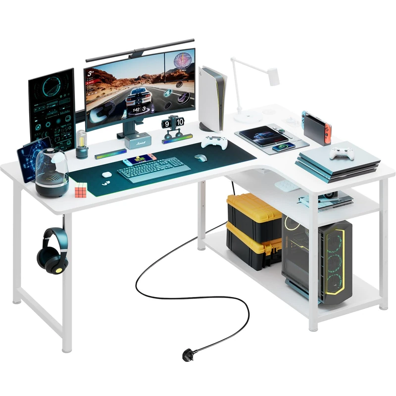 COMHOMA L Shaped Gaming Desk 130x80CM with Power Outlets Corner Computer Desk with Shelves Headphone Hook PC Table Workstation for Home Office Bedroom (White, 130CM)