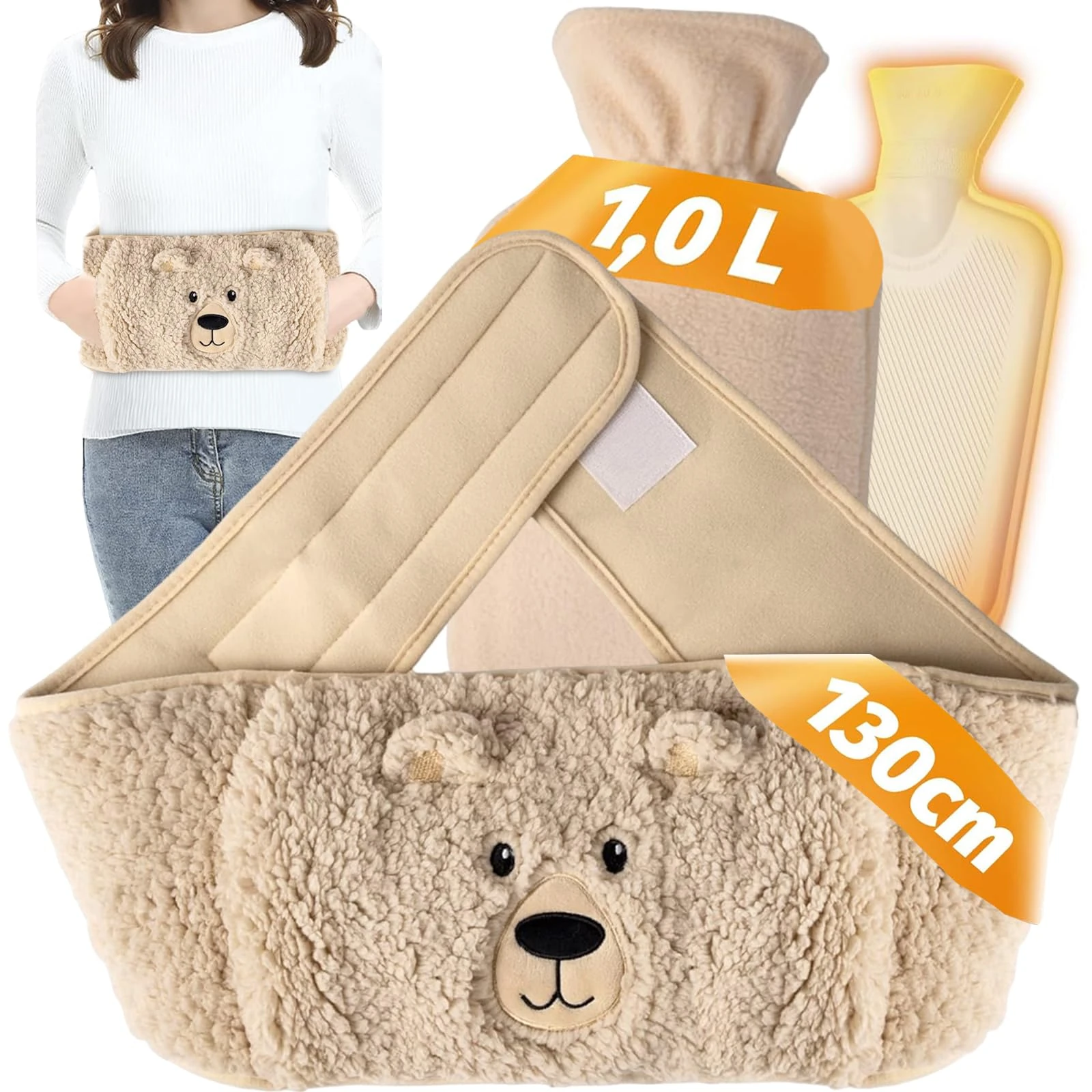 Omevett Hot Water Bottle Belt 3 in1, 1L Hot Water Bottles Natural Rubber with 130cm Adjustable Belt, Portable Hot Water Bag, Leak-Proof with Lid, Removable, for Neck, Period Pain, Shoulder, Waist Warm
