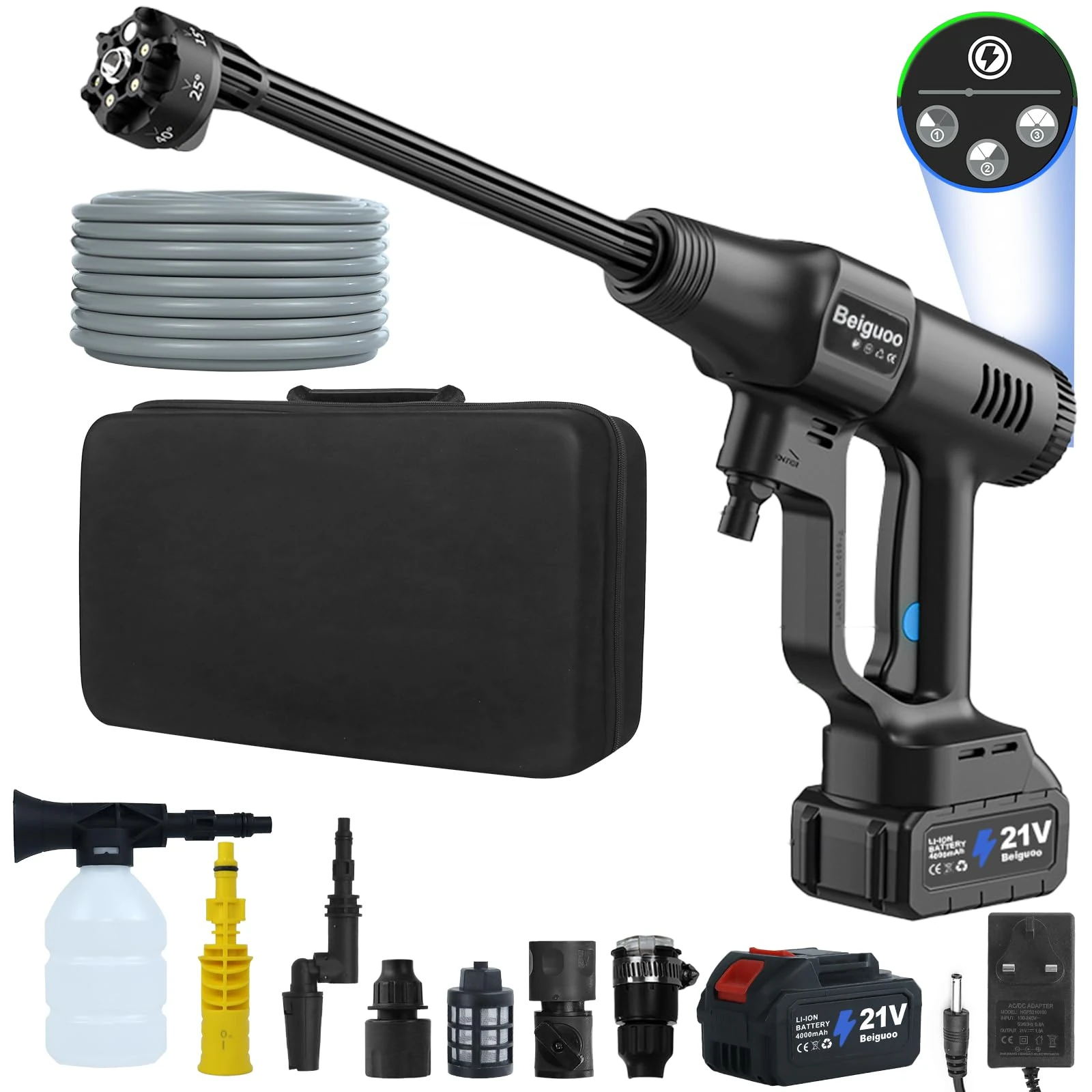 200 Bar 2900 PSI Cordless Pressure Washer, Cordless Power Washer, 3 Adjustable Levels Battery Jet Powered Pressure Washer (2 * 4Ah Batteries, 5m Hose, Tap Connector and 4 Nozzles Included) Black