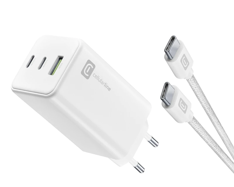 cellularline - Multipower 100W Kit - Mains Charger 100W + USB-C to USB-C 5A Cable 100 cm Included - for Smartphone, Tablet and Laptop - White - Image 1