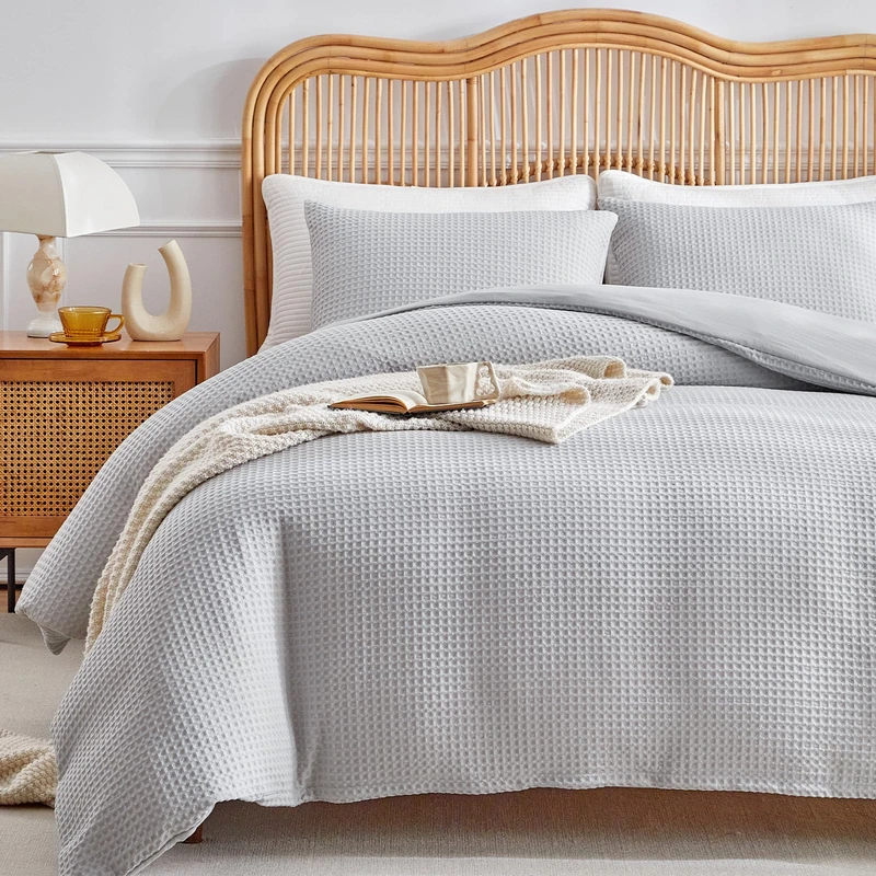 WARMDERN Waffle Weave Light Grey Duvet Cover King Size, Textured, 3-Piece