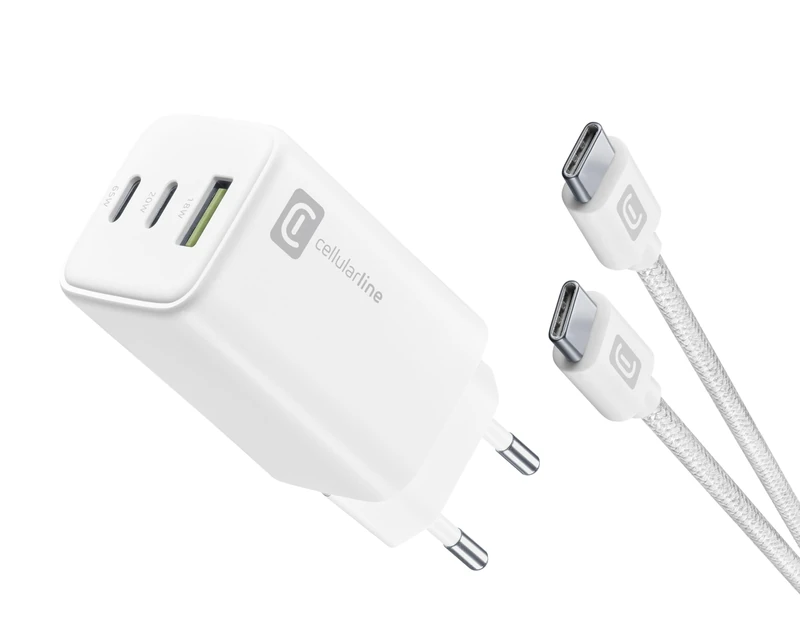 cellularline - Multipower 65W Kit - 65W Mains Charger + USB-C to USB-C Cable Included - for Tablets, Smartphones and Laptops - White