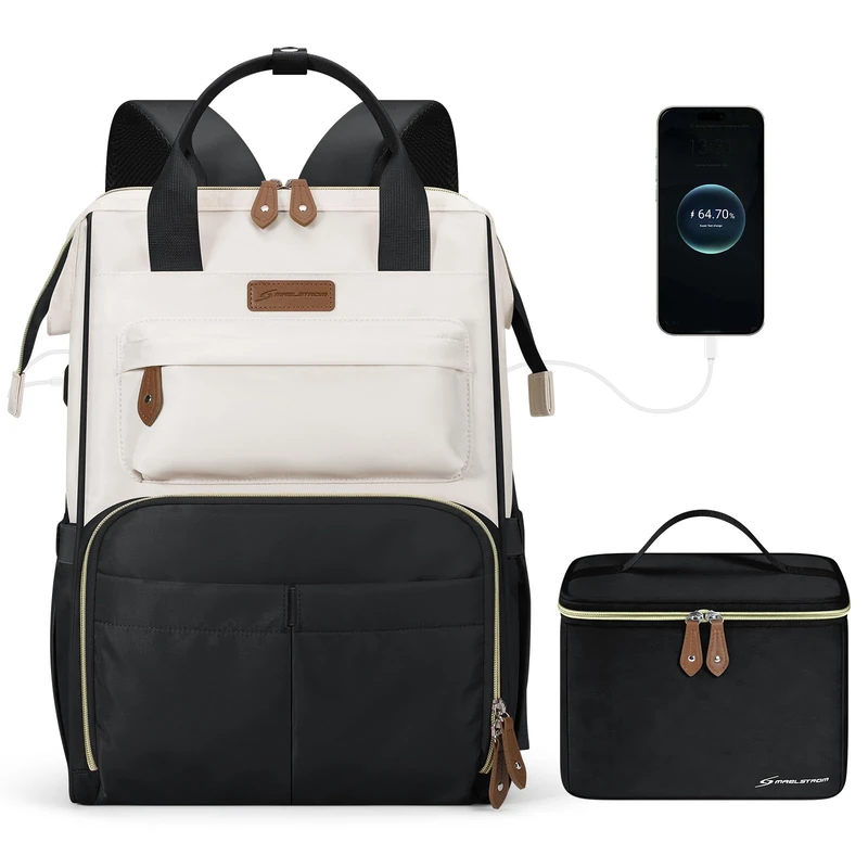 Maelstrom Laptop Backpack for Women Men,Travel Backpack Fits 15.6-17.3 Inch Laptop,Work Bag with Insulated Lunch Box for Nurse, Office, Teacher (Black-beige)