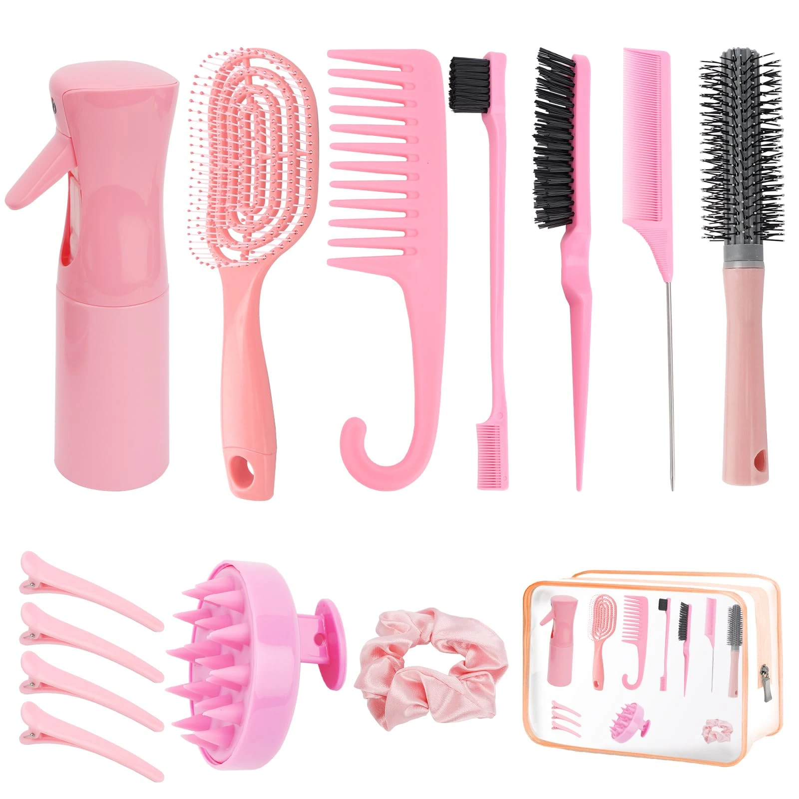 FIDWALL Hair Brush Set,14 Pcs Hair Brushes Hairdressing Tools,Includes Transparent Cosmetic Bag,Spray Bottle,Edges Brush,Curly Hair Brush,Round Brush,Scalp Brush And Hair Clips,Hair Care Styling Tools