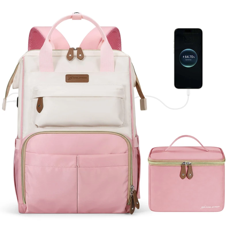 Maelstrom Laptop Backpack for Women Men,Travel Backpack Fits 15.6-17.3 Inch Laptop,Work Bag with Insulated Lunch Box for Nurse, Office, Teacher (Pink-beige)