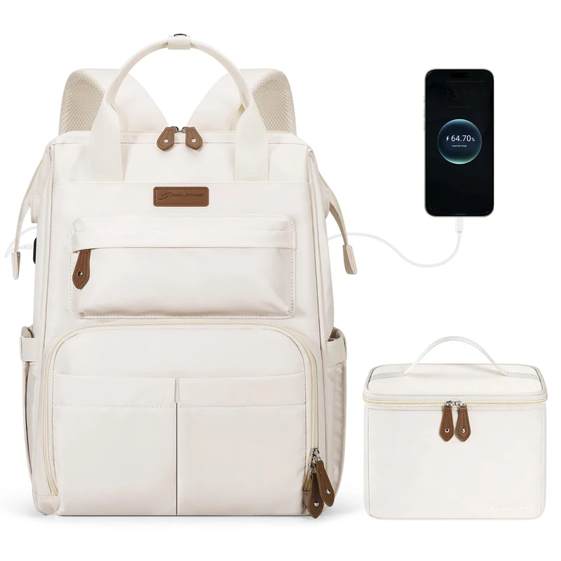 Maelstrom Laptop Backpack for Women Men,Travel Backpack Fits 15.6-17.3 Inch Laptop,Work Bag with Insulated Lunch Box for Nurse, Office, Teacher (Beige)