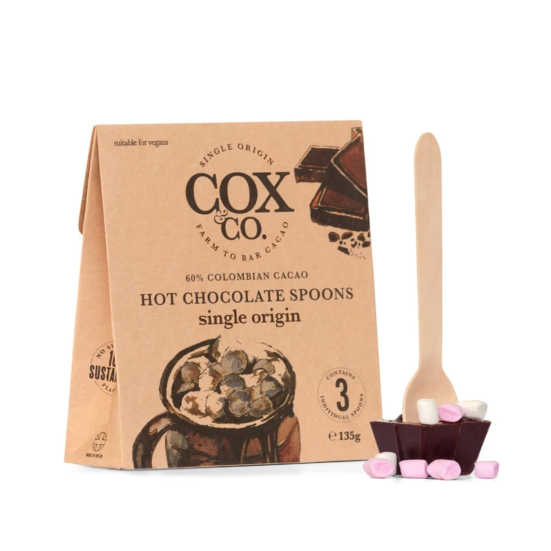 Cox&Co. Dark Chocolate Hot Chocolate Spoons | 3 x 60% premium Colombian Single Origin Chocolate | 3 x 45g Hot Chocolate sticks with vegan marshmallows | Vegan Friendly