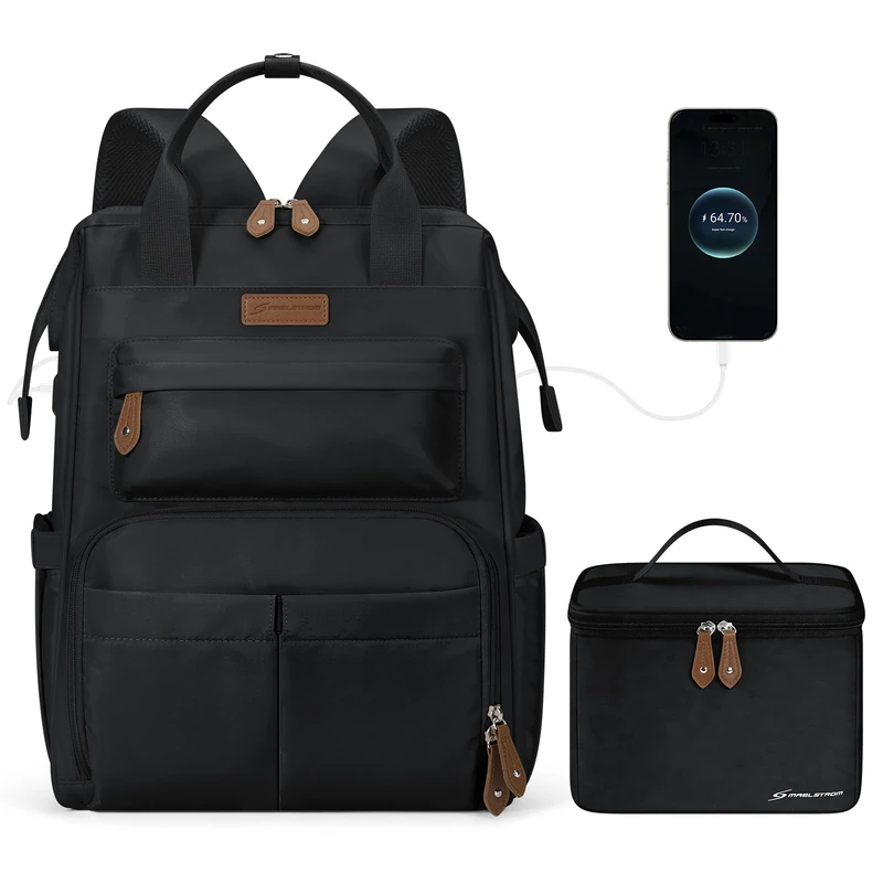 Maelstrom Laptop Backpack for Women Men,Travel Backpack Fits 15.6-17.3 Inch Laptop,Work Bag with Insulated Lunch Box for Nurse, Office, Teacher (Black)