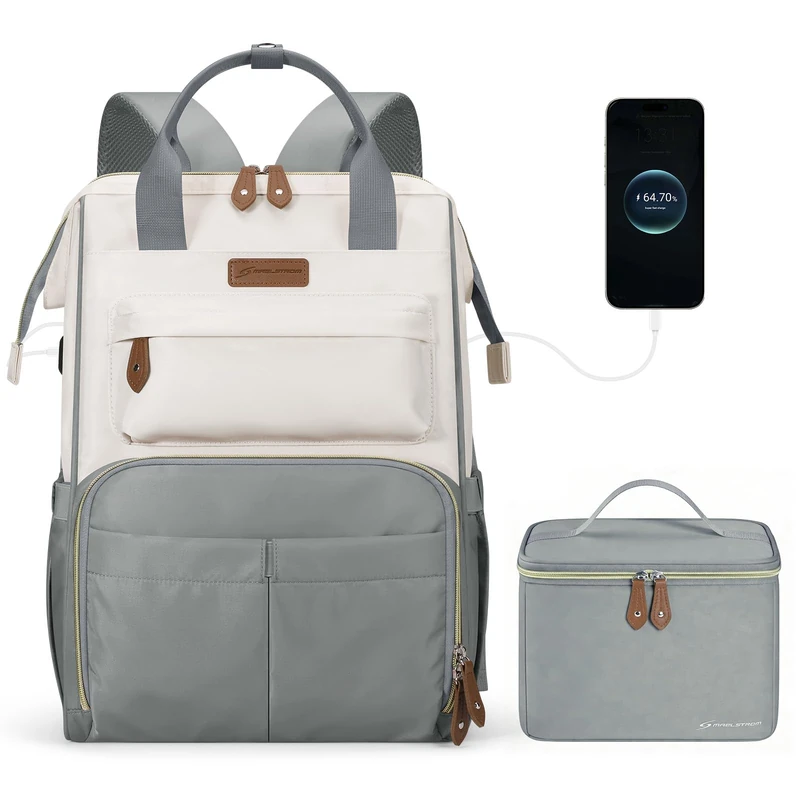 Maelstrom Laptop Backpack for Women Men,Travel Backpack Fits 15.6-17.3 Inch Laptop,Work Bag with Insulated Lunch Box for Nurse, Office, Teacher (Gray-beige)