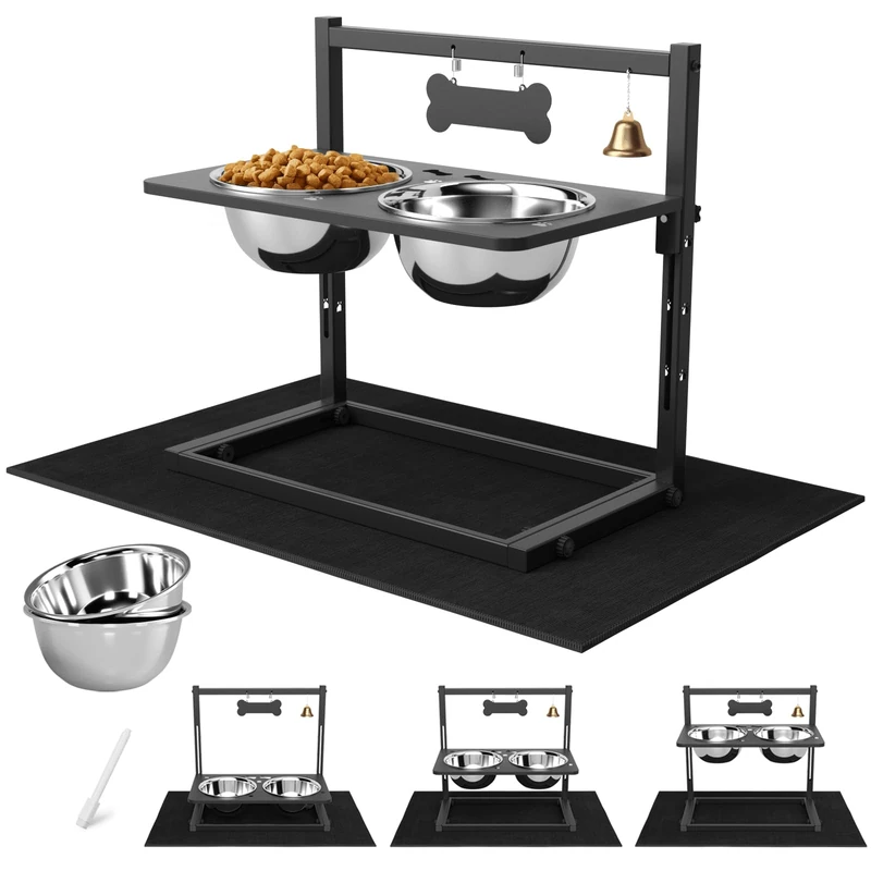 SHAINFUN Elevated Dog Bowls for Large Dog with Mat, Adjustable Height 4.3''-11.8'', Metal Raised Dog Bowl Stand, Two 1.7L Stainless Steel Dog Food & Water Bowls