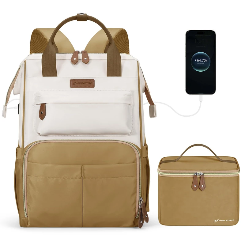 Maelstrom Laptop Backpack for Women Men,Travel Backpack Fits 15.6-17.3 Inch Laptop,Work Bag with Insulated Lunch Box for Nurse, Office, Teacher (Beige-Khaki)