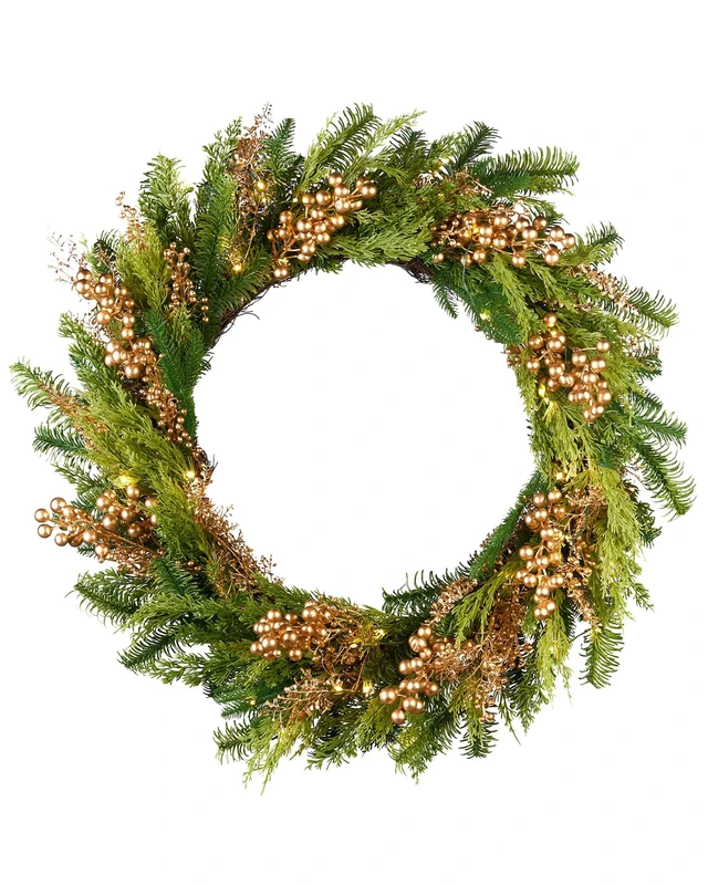 Pre-Lit Gold Berry Mixed Tip Wreath