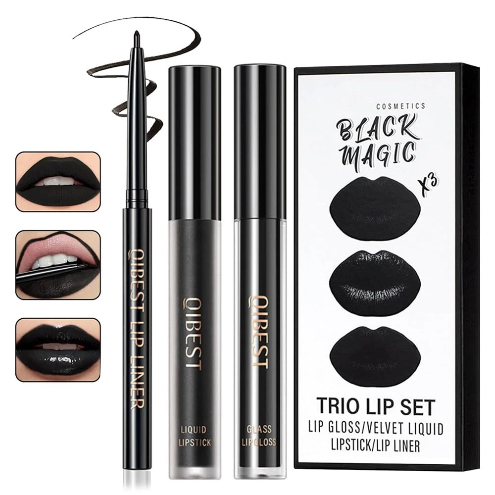 3Pcs Black Matte Liquid Lipstick and Lip Liner Set - Black Lip Gloss Stain Lipliner Set, Moisturizing Velvet Liquid Lipstick/Non-Stick Cup Lipgloss for Halloween Goth Makeup