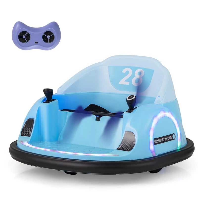 GYMAX Kids Ride on Bumper Car, 6V/12V Electric Waltzer Car with Remote Control, Dual Joysticks, Music & Lights, 360° Rotation Spin Toy Vehicle for 18+ Months Old (Blue, 6V: 66.5x64.5x39cm)