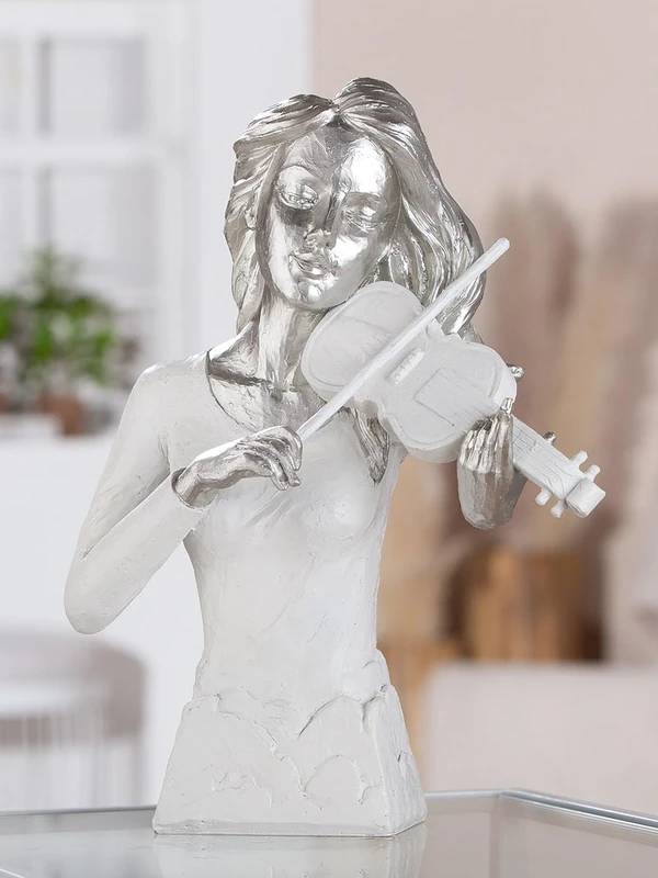 GILDE Musician Figurine, Synthetic Resin White Metallic Look, Woman Motif with Violin, Musician Shape, H: 30 cm, W: 23 cm, D: 10.5 cm - Decoration, Art, Sculpture, Gift