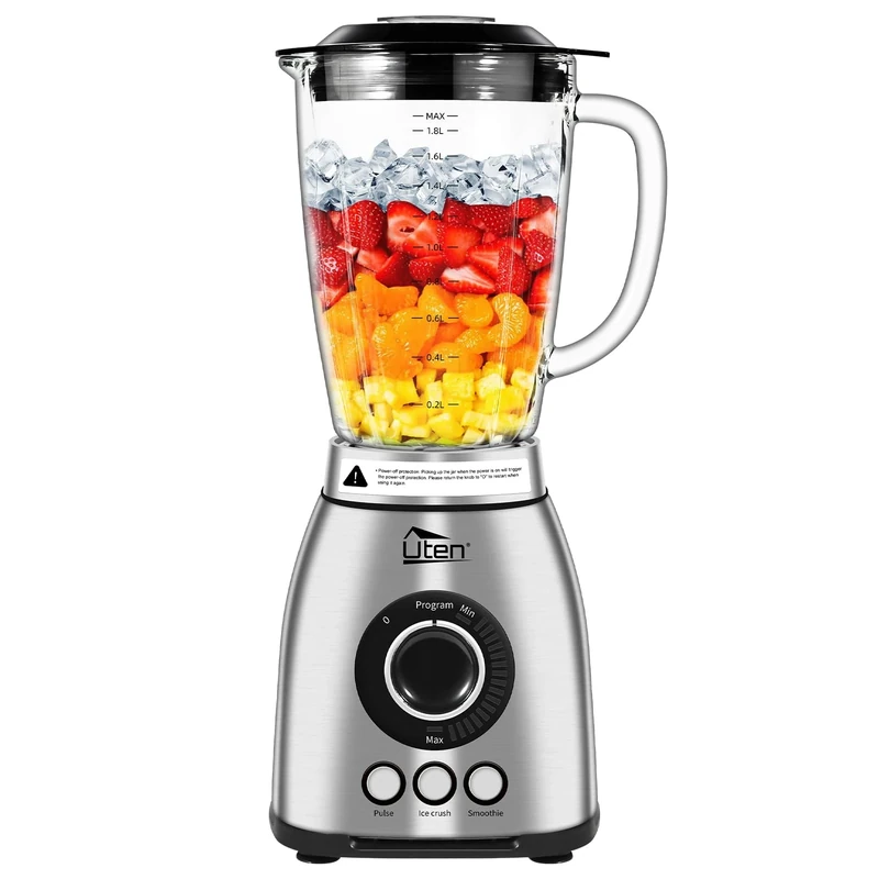 Uten Blender 2L Glass Jug, 3 Automatic Programs Ice Crush, Smoothie, Pulse, 18 Speed Levels, Kitchen Table Blender, 6 Blades, Stainless Steel Housing, Milkshakes Fruit Juices, Grindable Coffee
