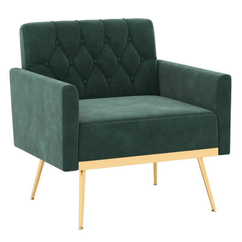 COSTWAY Velvet Accent Chair, Button-Tufted Upholstered Lounge Armchair Single Sofa Chair with Widened Seat and Gold Metal Legs, Modern Comfy Armchair Reading Chair for Living Room Bedroom (Dark Green)