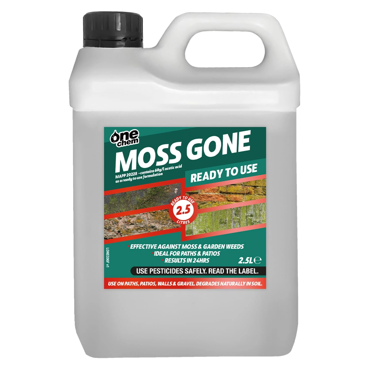 One Chem Moss Gone Moss Killer, 2.5 Litres, For Paths, Patios, Roofs, Walls, Tarmac, Gravel