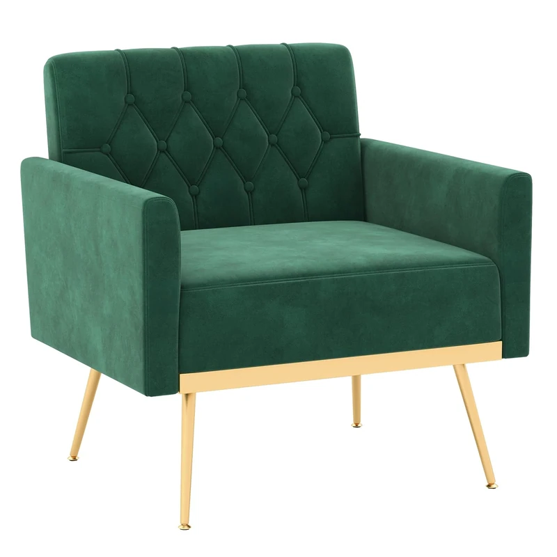 COSTWAY Velvet Accent Chair, Button-Tufted Upholstered Lounge Armchair Single Sofa Chair with Widened Seat and Gold Metal Legs, Modern Comfy Armchair Reading Chair for Living Room Bedroom (Green)