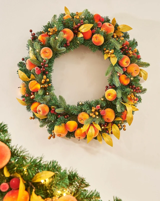 Pre-Lit Decorated Apple and Peach Wreath