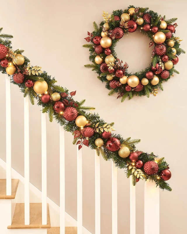 Pre-Lit Decorated Garland, Burgundy/Gold