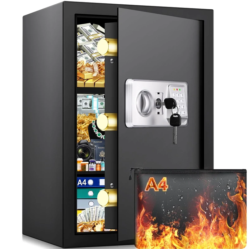 Mejasg Large Fireproof Safe for Home with A4 Fireproof Bag and 2 Removable Shelves, 64L Anti-Theft Home Safe Box with Alarm and Silent Mode, Fire Safes Money Safes for Money Jewelry A4 Document