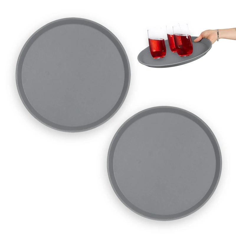 Relaxdays 2X Serving Tray, Round Ø 35 cm, Bar Drinks Plate, Non-Slip Rubber Surface, Waiter's Catering, Versatile, Grey, 2 x 35 x 35 cm