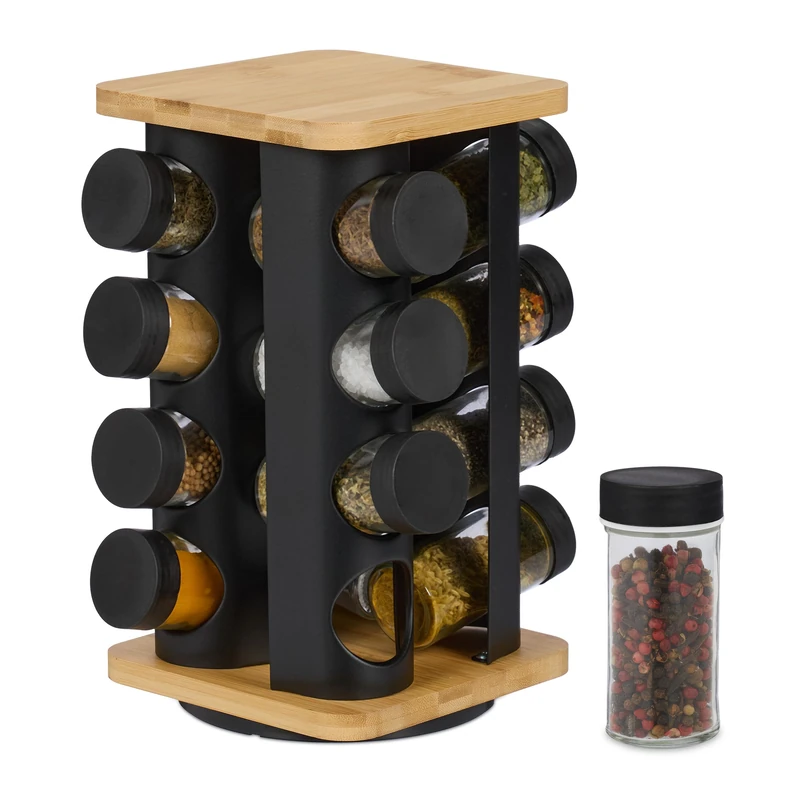 Relaxdays Spice Carousel, 16 Jars, 360° Rotating, Stainless Steel, Bamboo, Glass, HxWxD: 28 x 20 x 20 cm, Black/Natural