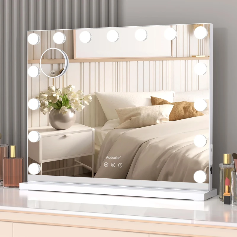 ADDCOLOR Hollywood Vanity Mirror with Lights, Vanity Mirror with USB Charging Port, 15 LED Lights and 3 Adjustable Lighting Modes, Mirror with Light (58 x 12 x 46 cm)