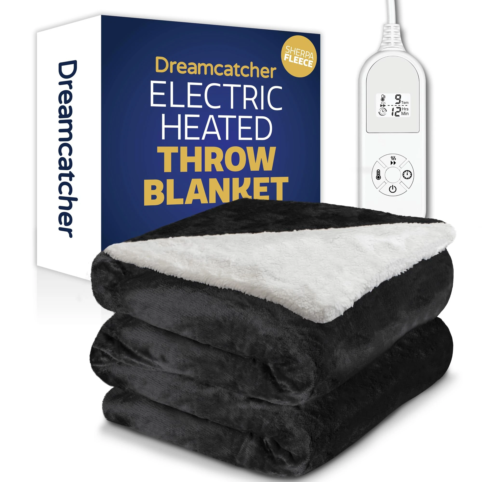 Dreamcatcher Black Heated Throw Electric Blanket, 160 x 120cm Heated Blanket Machine Washable Soft Micro Fleece & Sherpa Electric Throw Overblanket with 12HR Timer and 9X Control Heat Settings