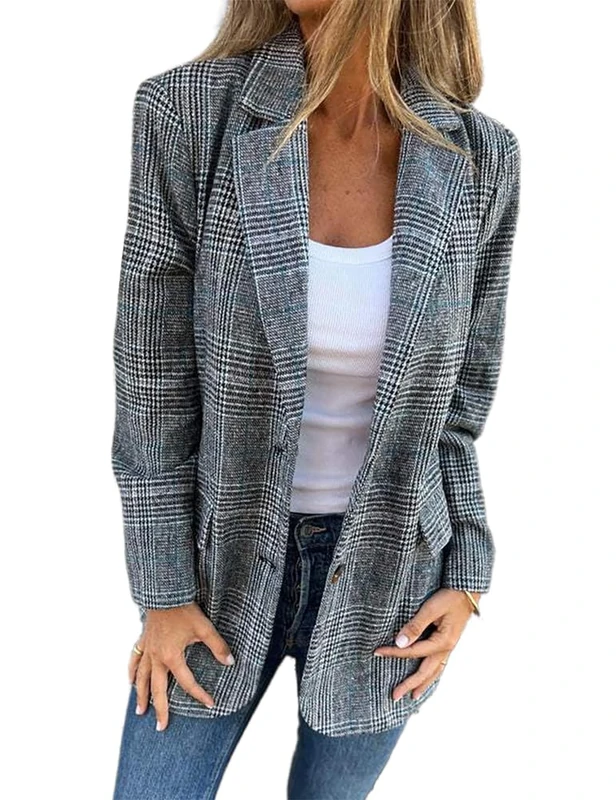 IDEALSANXUN Womens Tweed Blazer Casual Plaid Houndstooth Blazer Work Suit Jackets, Blue, L
