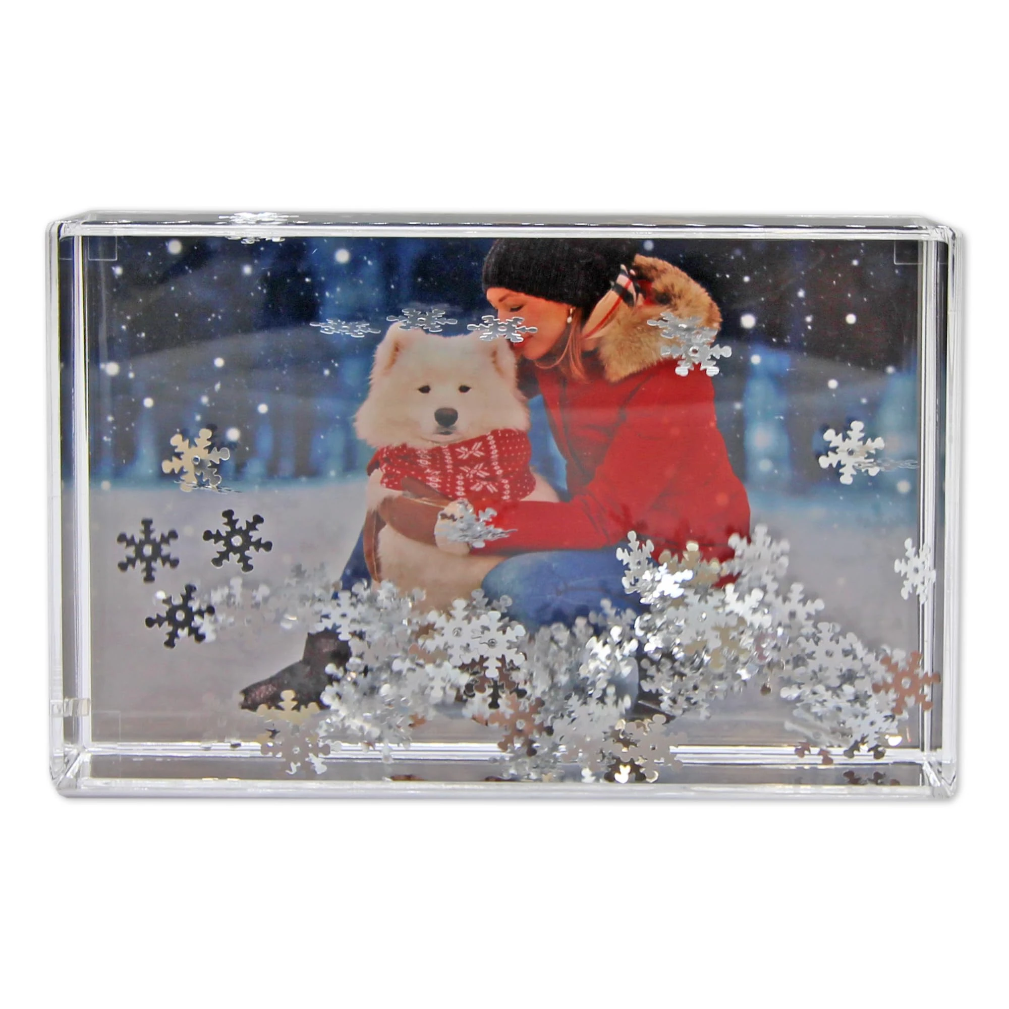 Glitter Photo Frame, Acrylic Picture Frame holds 10 x 15 cm (4 x 6 inch) Clear Frameless Desktop Photo Block with Glitter Snowflake (Pewter) - Ideal Personalised Gifts, Birthday Presents or Home Décor