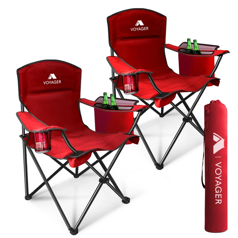 Voyager 2 Pack Folding Camping Chairs with Cooler Bag - Black