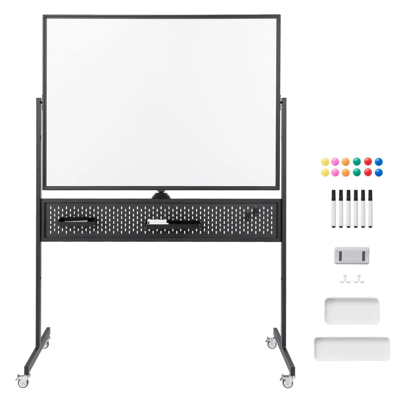 CASART Double Sided Mobile Whiteboard, 120 x 90 cm Large Easel-Style Dry Erase Board with Stand, Eraser, Magnets & Pegboard, Height Adjustable Magnetic Whiteboard for Office Classroom (Black)