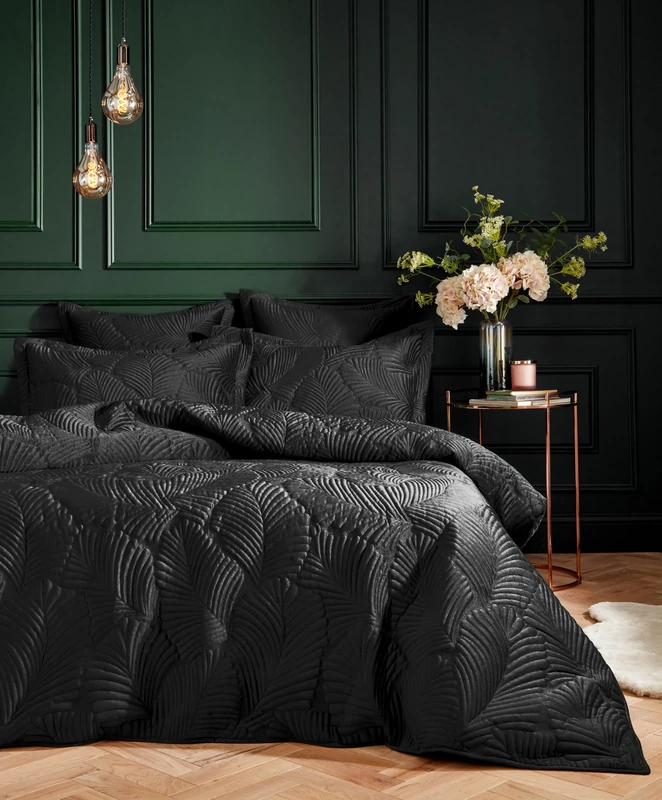 Paoletti Palmeria Quilted Duvet Cover Set – Luxe Embroidered Velvet Bedding (Black – Super King)