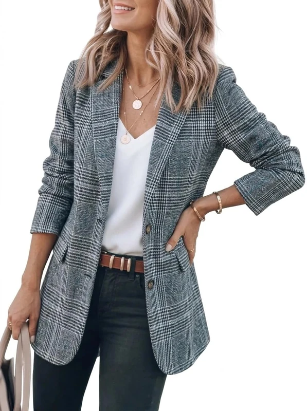 IDEALSANXUN Womens Tweed Blazer Casual Plaid Houndstooth Blazer Work Suit Jackets, Blue, M
